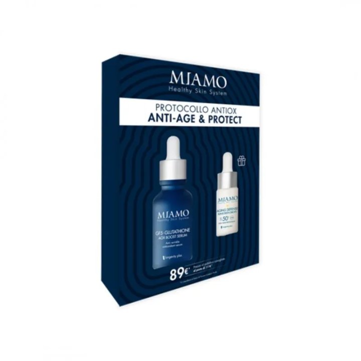 Miamo cofanetto Protocollo AntiOx Anti-Age & Protect GF5-Glutathione Aox Booster Serum - 30ml + Aging Defense Sunscreen Drops SPF 50 - 10ml