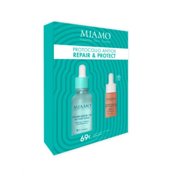Miamo cofanetto Protocollo AntiOx Repair & Protect Vitamin Blend 15% Recovery Serum- 30ml + Pigment Defense Sunscreen Drops SPF50+ 10ml