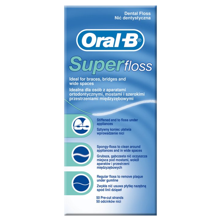 FILO INTERDENTALE ORAL B SUPERFLOSS ESTREMITA\' RIGIDA + FILO SPUGNOSO + FILO STANDARD 50 PEZZI PRETAGLIATI