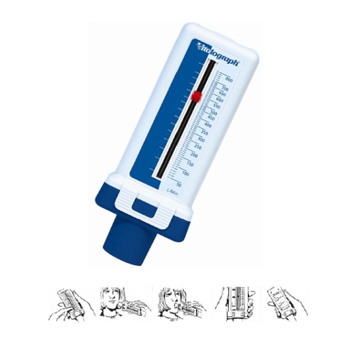 MISURATORE DI PICCO DI FLUSSO ESPIRATORIO. CONSENTE DI SORVEGLIARE EVENTUALI VARIAZIONI DEL FLUSSO FORNENDO INFORMAZIONI SULL\'ANDAMENTO DELLA MALATTIA E SULL\'EFFICACIA DEI FARMACI MISURATORE DI PICCO DI FLUSSO ESPIRATORIO. CONSENTE DI SORVEGLIARE EVENTUALI VARIAZIONI DEL FLUSSO FORNENDO INFORMAZIONI SULL\'ANDAMENTO DELLA MALATTIA E SULL\'EFFICACIA DEI FARMACI