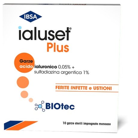 GARZA IALUSET PLUS IMPREGNATA DI CREMA DI ACIDO IALURONICO 0,05%, DI SULFADIAZINA ARGENTICA 1%, MACROL, GLICEROLO E ACQUA 10 X 10 CM 10 PEZZI