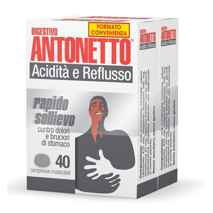 DIGESTIVO ANTONETTO ACIDITA\' E REFLUSSO 80 COMPRESSE MASTICABILI 2 ASTUCCI DA 40 COMPRESSE