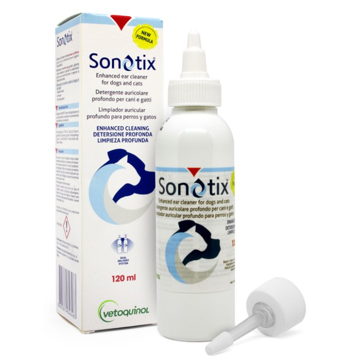 SONOTIX DETERGENTE AURICOLARE PROFONDO CANI E GATTI FLACONE120 ML + CANNULA CORTA RIGIDA + CANNULA LUNGA FLESSIBILE