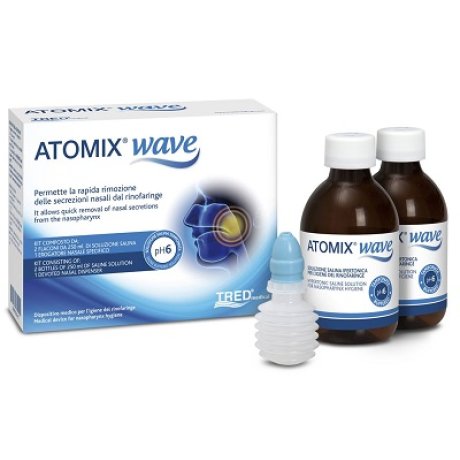 ATOMIX WAVE DISPOSITIVO PER IGIENE RINOFARINGEA ATOMIX SOLUZIONE SALINA 250 ML 2 PEZZI + TERMINALE NASALE + EROGATORE A SOFFIETTO