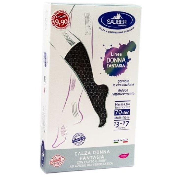 SAUBER CALZA DONNA FANTASIA FILATO Q-SKIN 70 DEN NERO MINI SCACCO BIANCO TAGLIA G PROMO