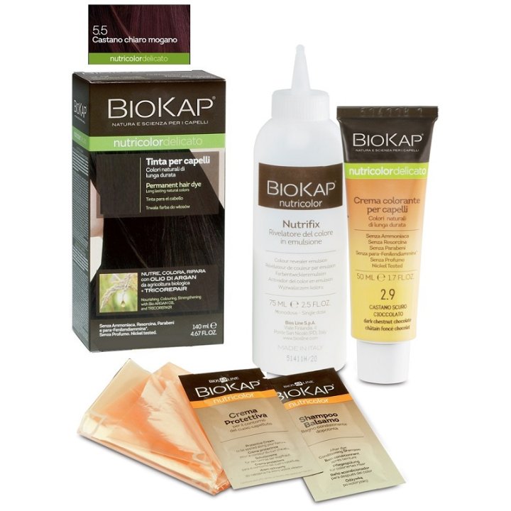 BIOKAP NUTRICOLOR DELICATO 5,50 CASTANO CHIARO MOGANO TINTA TUBO + FLACONE