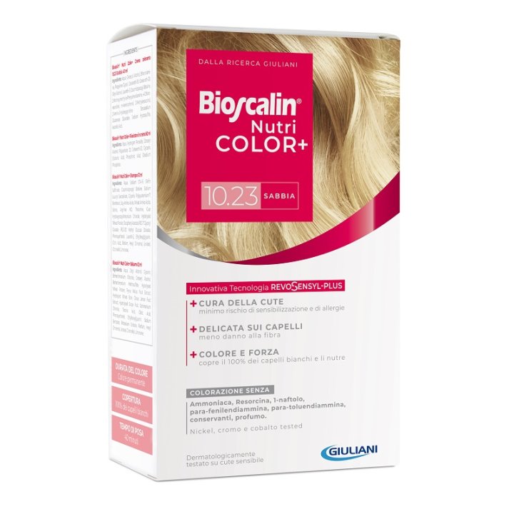 BIOSCALIN NUTRICOLOR PLUS 10,23 SABBIA CREMA COLORANTE 40 ML + RIVELATORE CREMA 60 ML + SHAMPOO 12 ML + TRATTAMENTO FINALE BALSAMO 12 ML