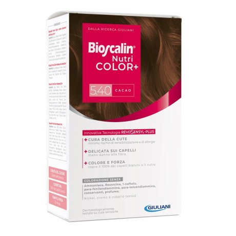 BIOSCALIN NUTRICOLOR PLUS 5,40 CACAO CREMA COLORANTE 40 ML + RIVELATORE CREMA 60 ML + SHAMPOO 12 ML + TRATTAMENTO FINALE BALSAMO 12 ML