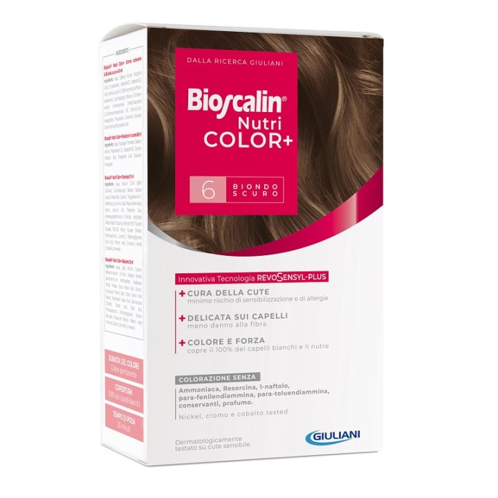 BIOSCALIN NUTRICOLOR PLUS 6 BIONDO SCURO CREMA COLORANTE 40 ML + RIVELATORE CREMA 60 ML + SHAMPOO 12 ML + TRATTAMENTO FINALE BALSAMO 12 ML