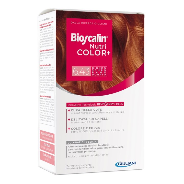 BIOSCALIN NUTRICOLOR PLUS 6,43 BIONDO SCURO RAME DORATO CREMA COLORANTE 40 ML + RIVELATORE CREMA 60 ML + SHAMPOO 12 ML + TRATTAMENTO FINALE BALSAMO 12 ML