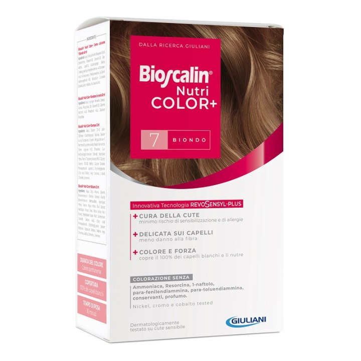 BIOSCALIN NUTRICOLOR PLUS 7 BIONDO CREMA COLORANTE 40 ML + RIVELATORE CREMA 60 ML + SHAMPOO 12 ML + TRATTAMENTO FINALE BALSAMO 12 ML