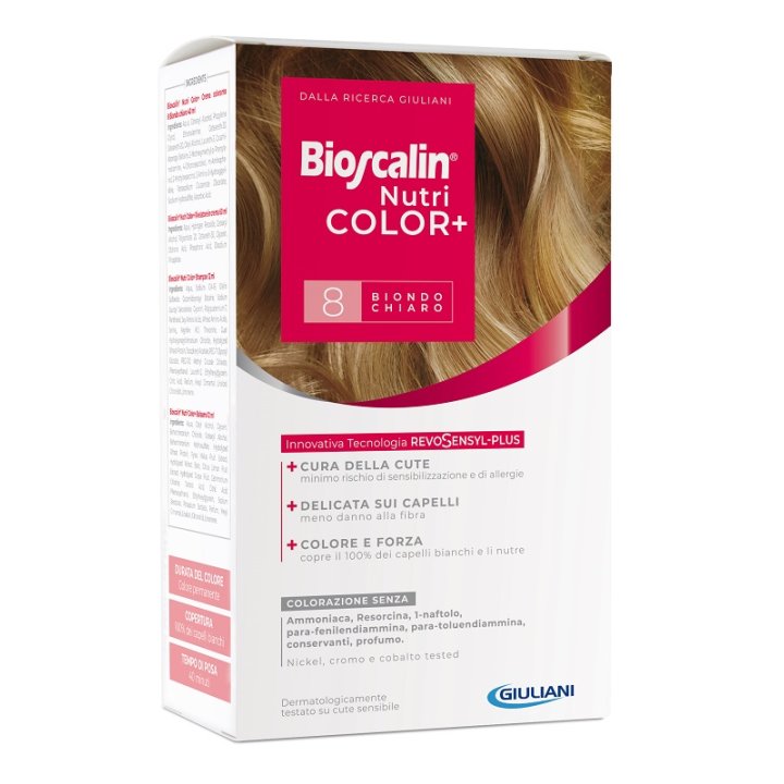 BIOSCALIN NUTRICOLOR PLUS 8 BIONDO CHIARO CREMA COLORANTE 40 ML + RIVELATORE CREMA 60 ML + SHAMPOO 12 ML + TRATTAMENTO FINALE BALSAMO 12 ML