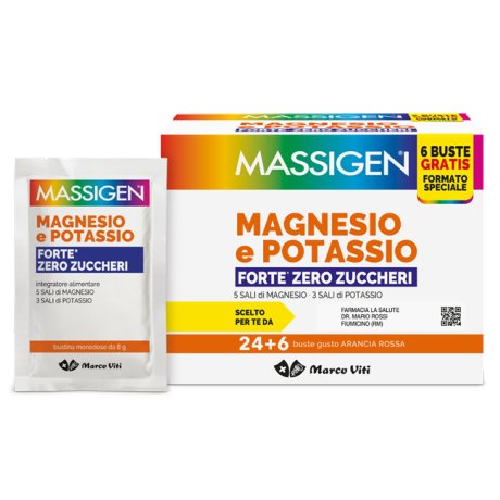 Massigen Integratore Alimentare Magnesio Potassio Forte Zero Zuccheri - 24+6 Bustine