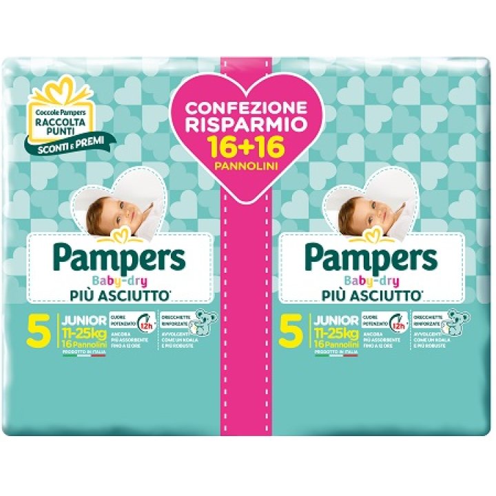 PAMPERS BABY DRY PANNOLINI DUO DOWNCOUNT JUNIOR 32 PEZZI