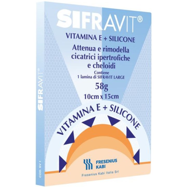 PLACCA IN SILICONE E VITAMINA E SIFRAVIT DIMENSIONI 15X10CM. INDICATA NEL TRATTAMENTO DI CHELOIDI E CICATRICI IPERTROFICHE CONSEGUENTI AD INTERVENTI C HIRURGICI, USTIONI, E FERITE