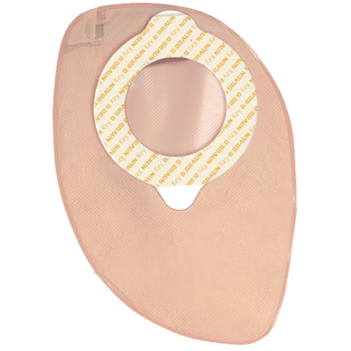 SACCA COLOSTOMIA A DUE PEZZI AGGANCIO ADESIVO CON GUI DI SICUREZZA FONDO CHIUSO DIAMETRO 50MM CAPACITA\' 240ML COLORE BEIGE 30 PEZZI FLEXIMA KEY